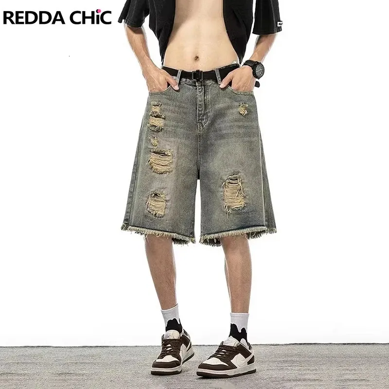 Ripped Denim Shorts - Vintage Blue Wide Leg Jorts | Distressed Raw