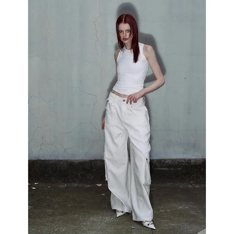 High Waisted White Baggy Pants Women's High Waisted White Cargo