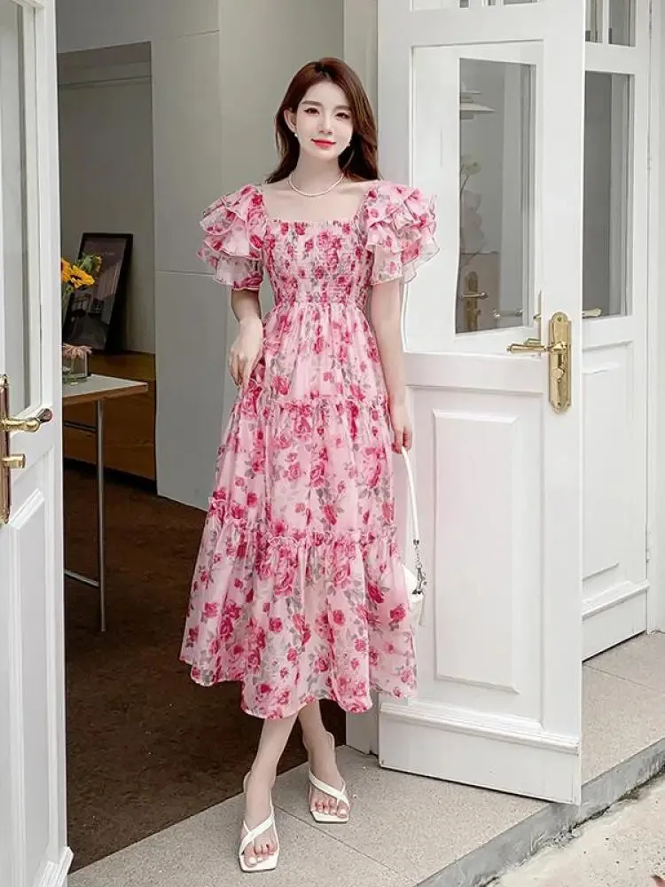 French Style Butterfly Print Pleated Long white dress with French Style Butterfly Print Pleated Long white dress with