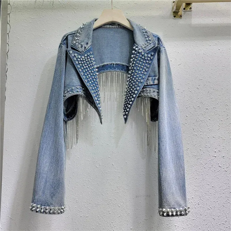 Denim Jackets With Rhinestones And Crystal Fringed Jean Jacket