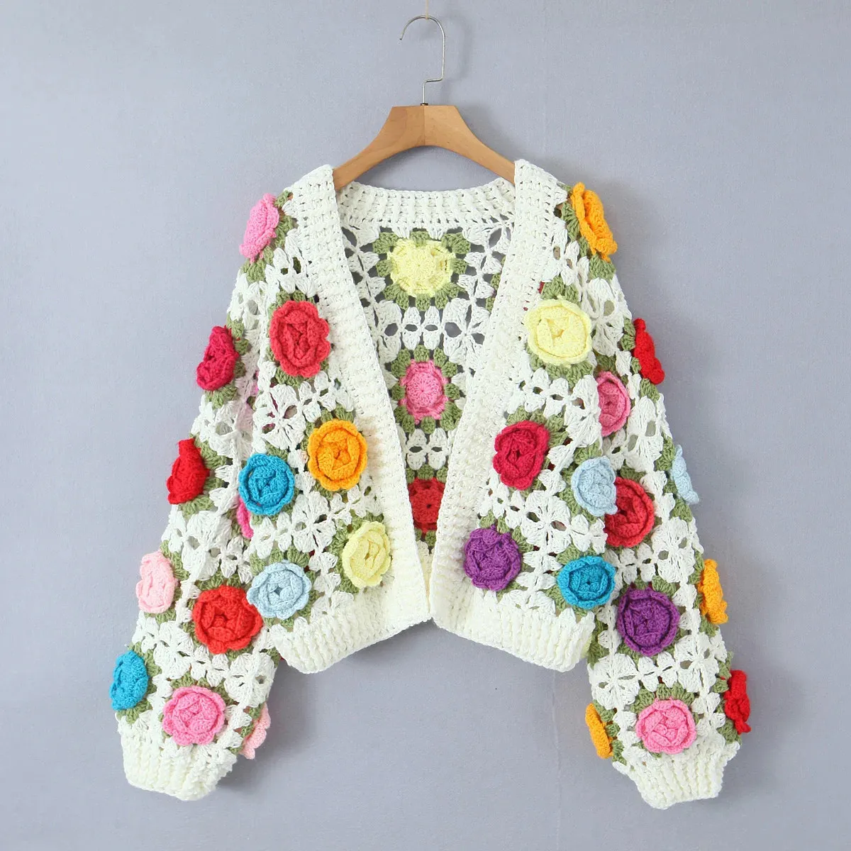 Crocheted Cardigan Sweater Hand Crochet 3D Flower Ball V Neck Full
