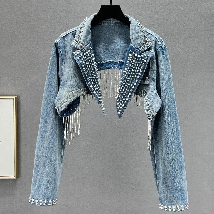 Save Big on Bulk Rhinestone Beaded Tassels Rivets Denim Jacket Short  Crystal Fringed Backless Jeans Coat Diamonds Cowboy Cardigan Sequins Tops  240808