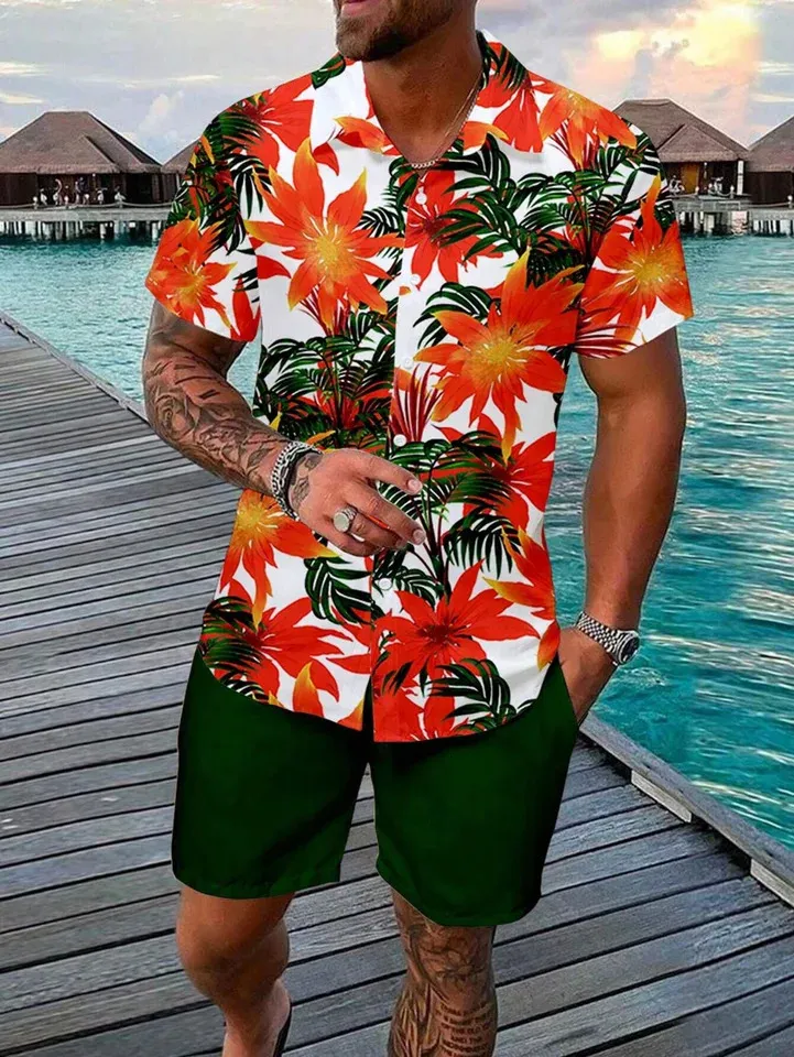 Mens Loose Printed Shorts And Shirts Mens Beach Shirts And Shorts Set Summer Casual Hawaiian Print