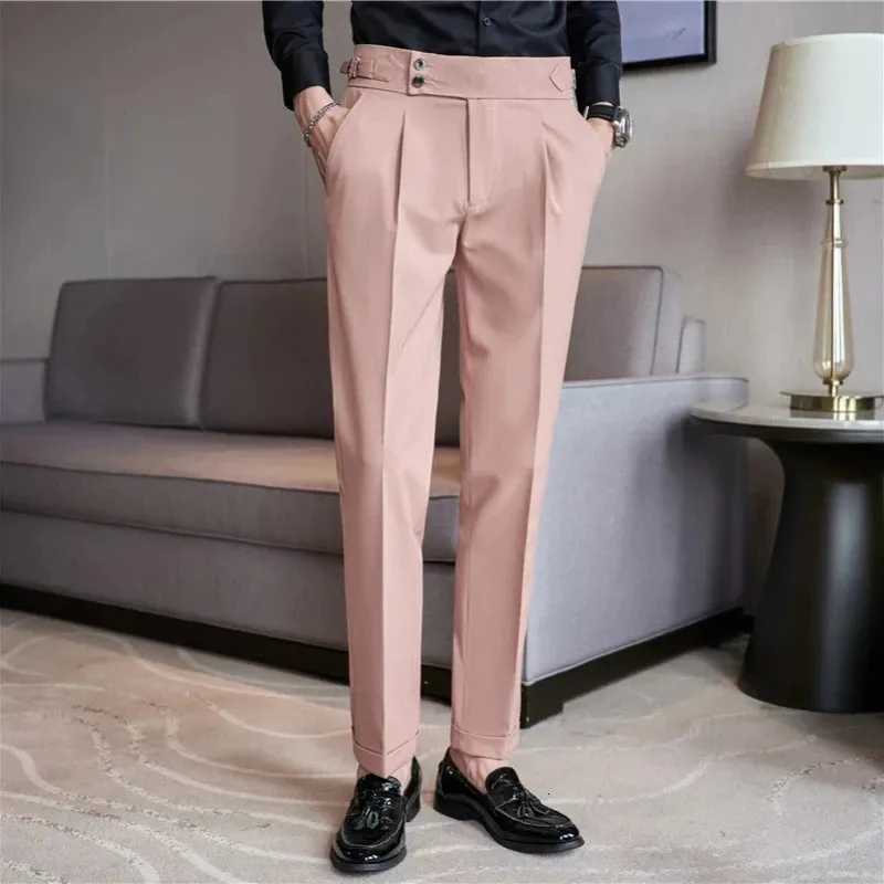 High Waisted Pink Trouser Dress Set for Men - British Style Casual Waistband mens Formal pants Style for Formal Office, Wedding, and Party - Style