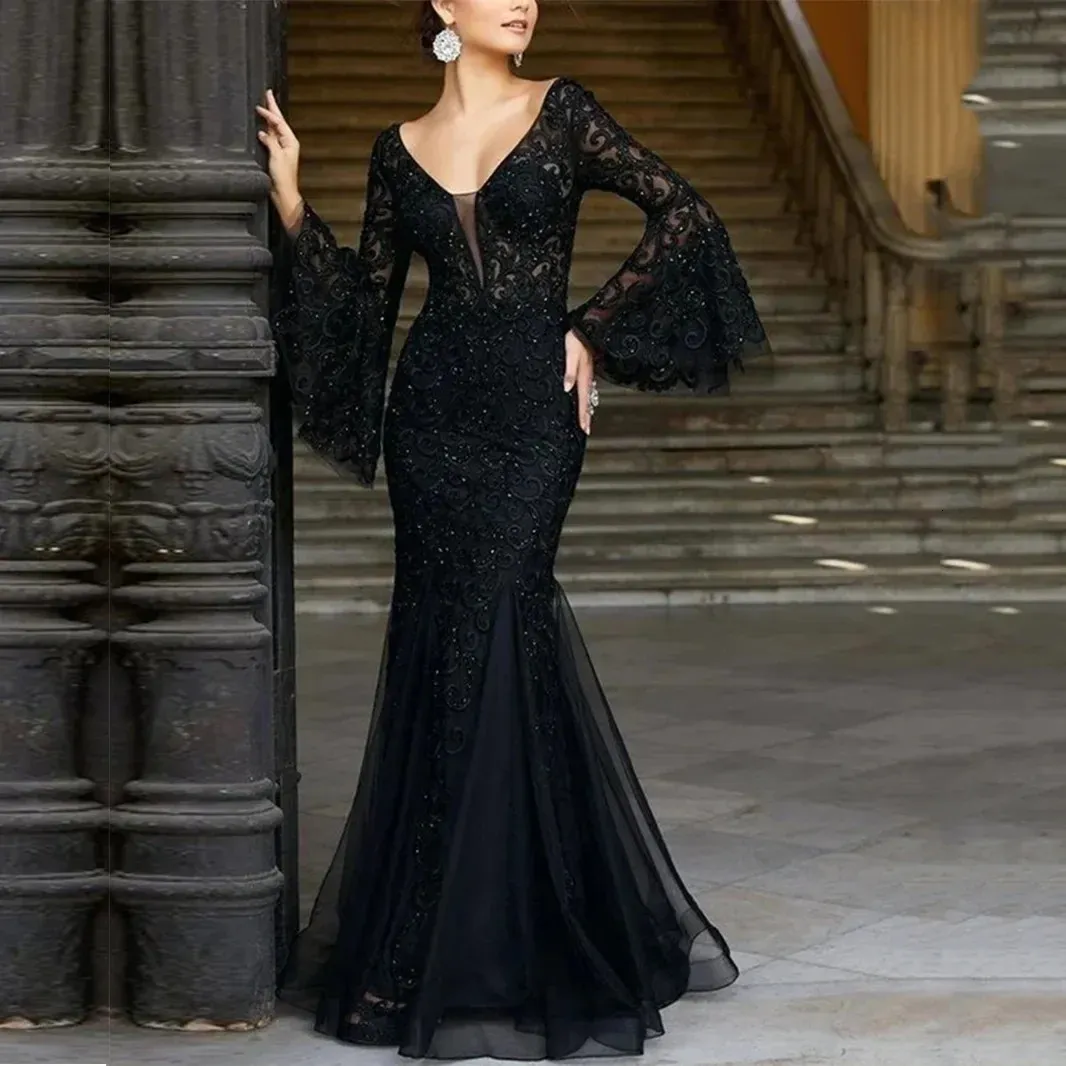Black Lace Flare Sleeve maxi dress - Sexy V-Neck for Weddings, Parties, Nightclubs, and Proms (240808)