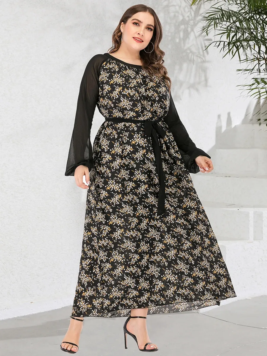 Long Sleeve Maxi Casual Dresses: Plus Size Floral Print Maxi Dress With  Belt, Patchwork Design, Oversized Fit, And Long Sleeves For Women From  Mysticastore, $16.19 | DHgate.Com