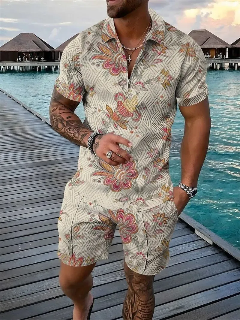 Outfit Polo Et Short Mens Floral Polo Shirt Tracksuit Set