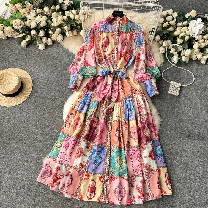 【I AM MARI】Heidi Janflower Shirring Chiffon Long One Piece Colorblock Flower Chiffon Maxi white dress with Long Lantern