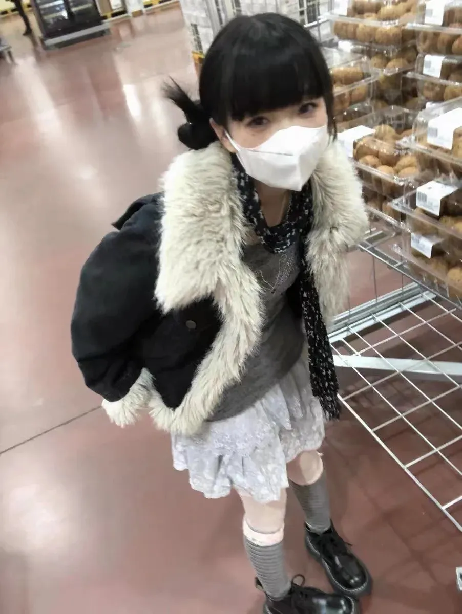 Karrram Y2K Black Denim fur coat with Grunge Fairycore Karrram Y2K Black Denim fur coat with Grunge Fairycore