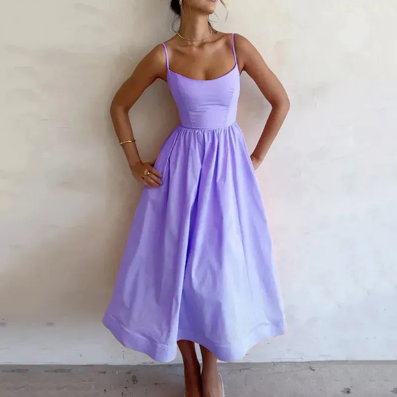 Pink Pleated Strap Midi Dress - Elegant Solid Sleeveless Sleeveless robe for Women - Perfect for Summer and Holidays - 2024 Collection