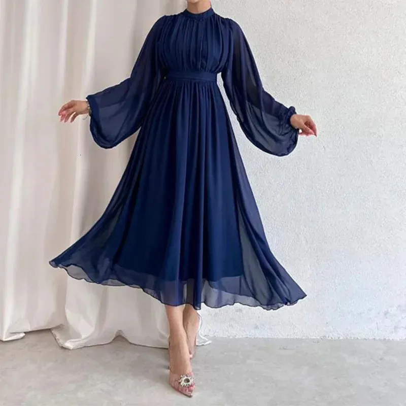 Knee Length Chiffon Dress Elegant White Chiffon A-Line Dress For Women Long  O-Neck, Pleated, And Trendy Casual Style (240808)