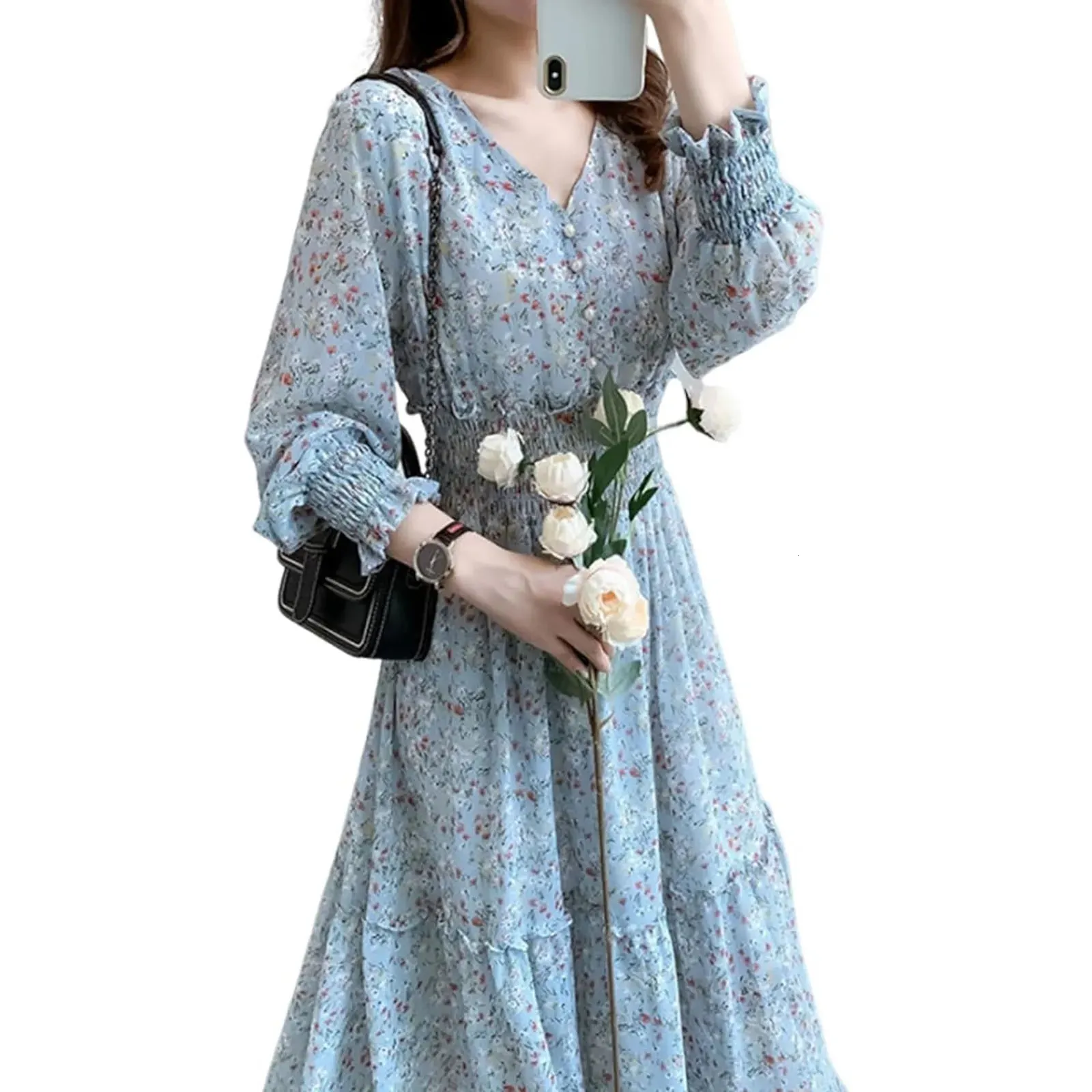Ladies Korean Style Floral Floor-Length Chiffon Knit Maxi Dress with Ruched  Waist and Short Sleeves from Dhgate Basic & Casual Dresses - price 44.43