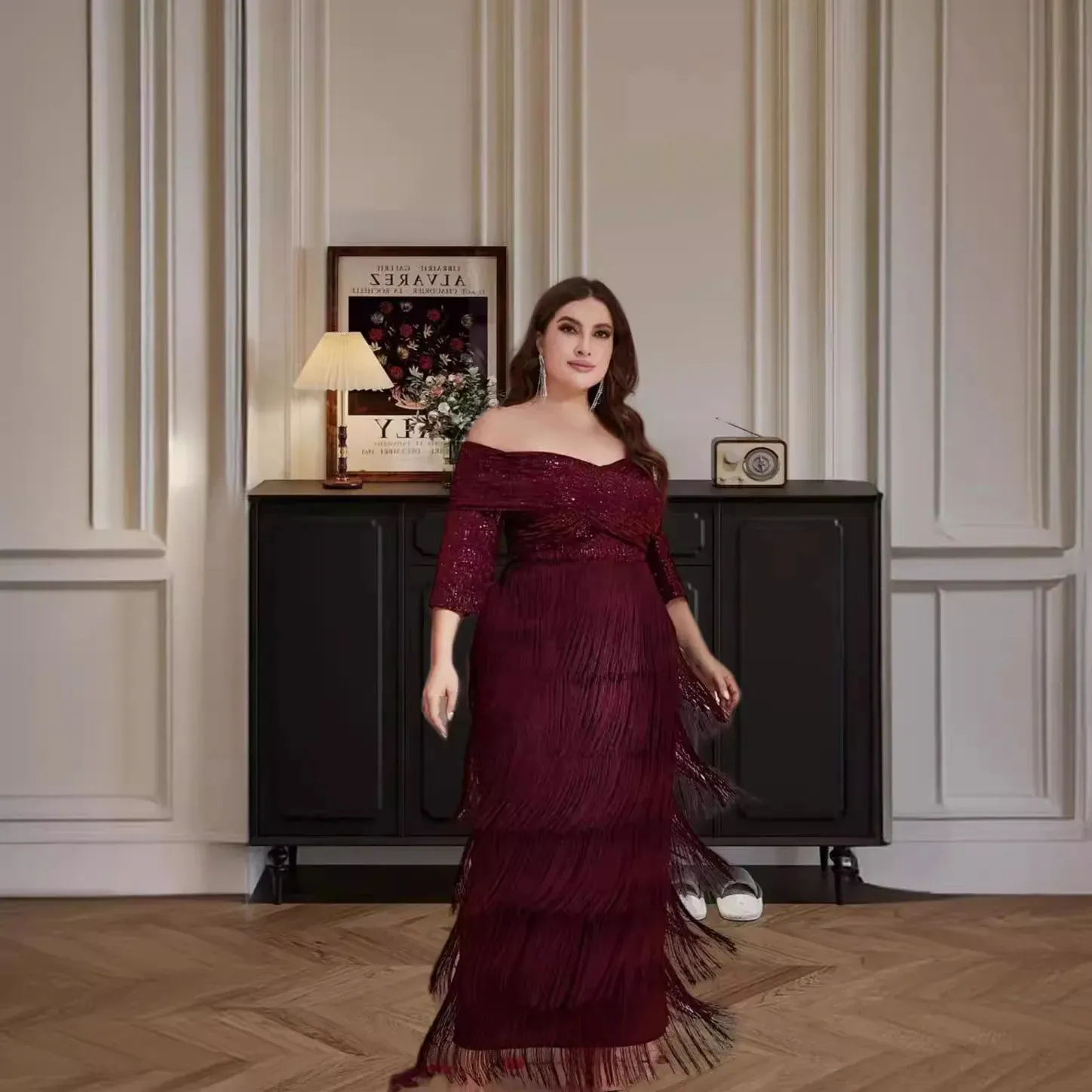 knee length dresses for ladies Black Plus Size One Shoulder Dress With Chiffon Cape main image 1