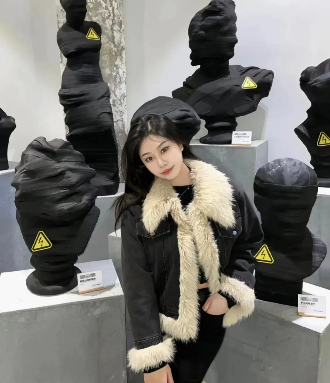 Y2K Grunge Denim Fur Jacket - Black Patchwork Coat, Winter