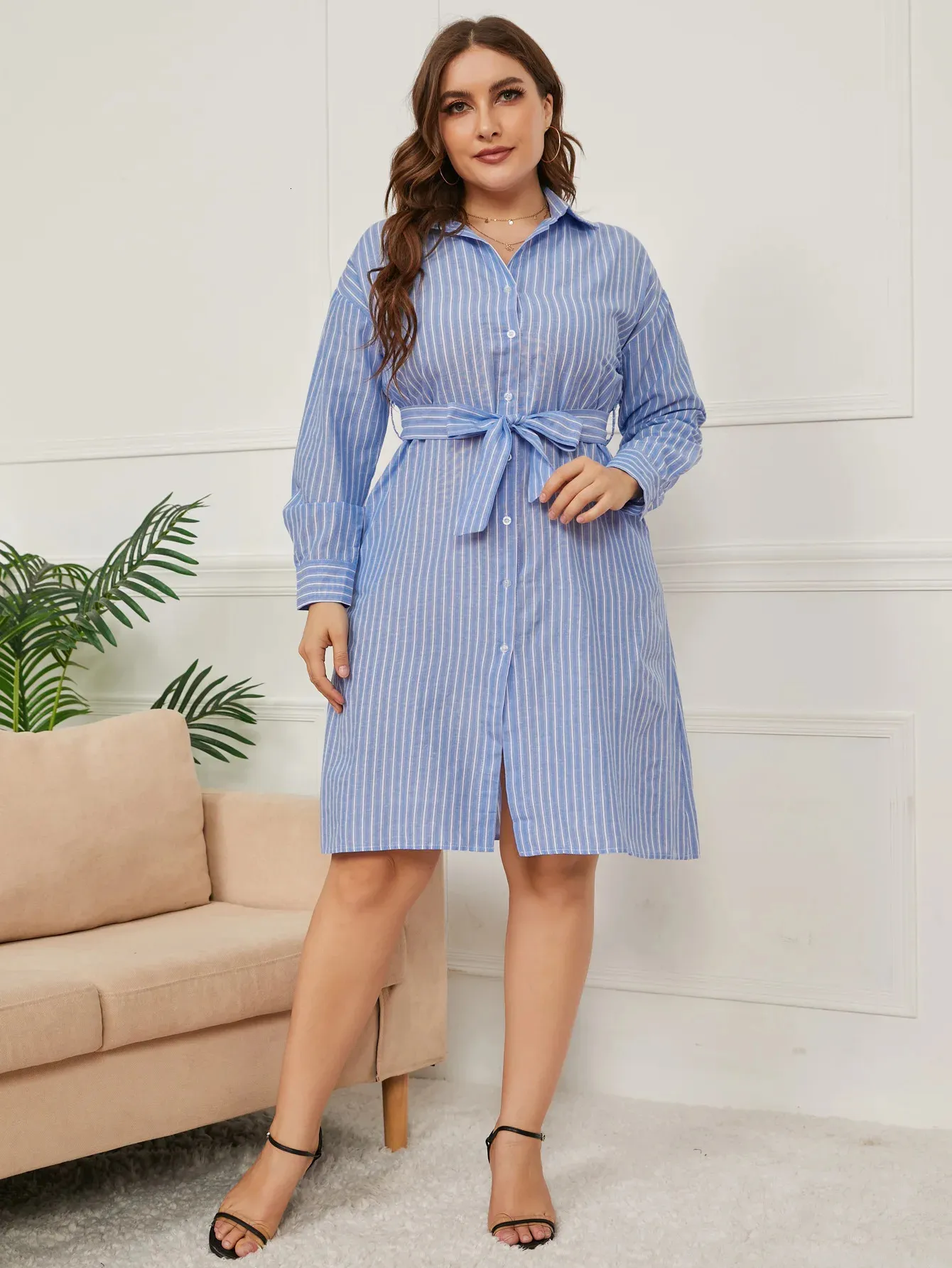 Striped High Waist Shirt Dress - Plus Size Summer clothing for Women, Knee Length Casual Wear with Long Sleeves (240808) Striped High Waist Shirt Dress - Plus Size Summer clothing for Women, Knee Length Casual Wear with Long Sleeves (240808)