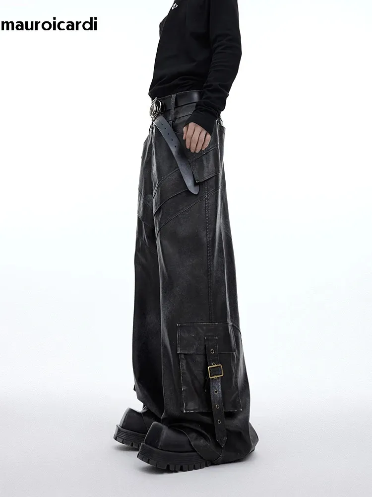 DHgate.com:Vintage Black Faux Leather Wide Leg Pants for Men 
