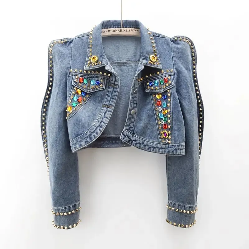 Rhinestone Denim Jacket Womens Jean Coat - Colorful Gemstone