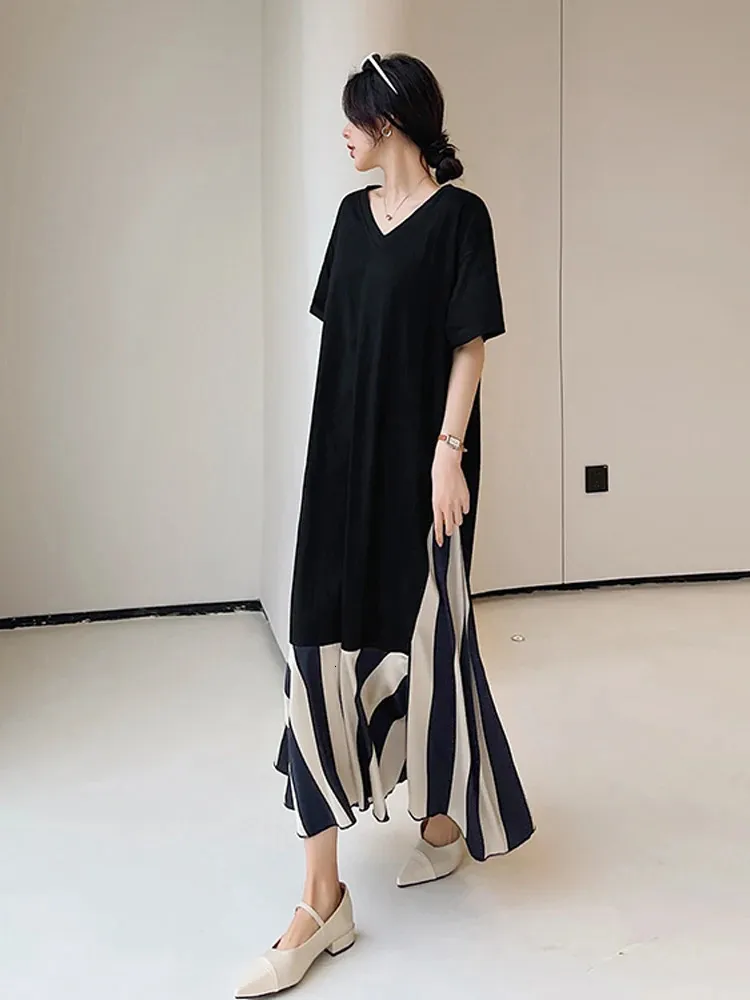 Summer 2021 NYFS Korean Style Patchwork Silk Velvet Stripe Long asymmetrical dress for Women - Loose Fit Vestidos Robe Elbise (Plus Size) Summer 2021 NYFS Korean Style Patchwork Silk Velvet Stripe Long asymmetrical dress for Women - Loose Fit Vestidos Robe Elbise (Plus Size)