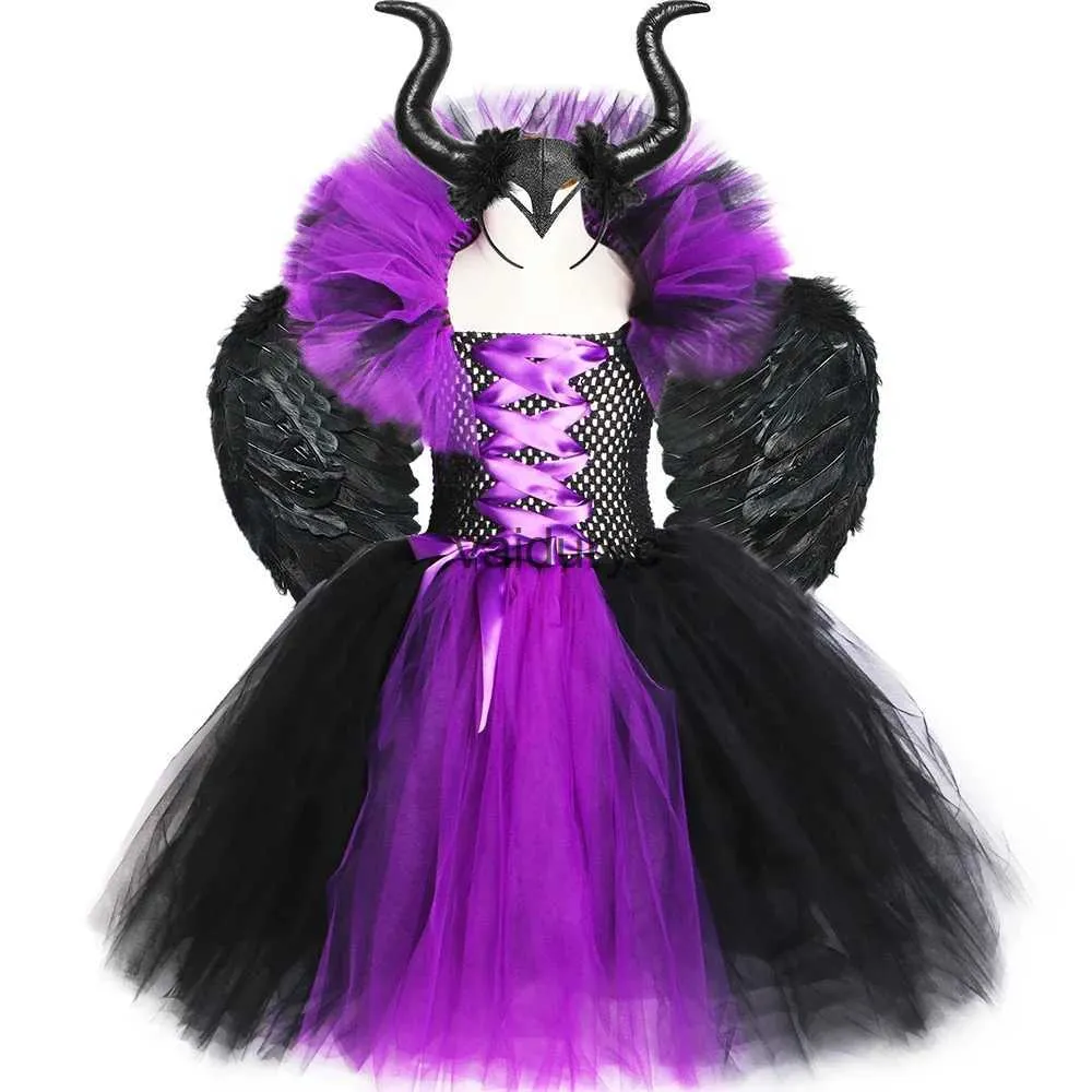 Girls' Maleficent Costume Halloween Cosplay Dress, Evil Queen Outfit,  Chiffon Tutu, Carnival Party Dress-Up Set