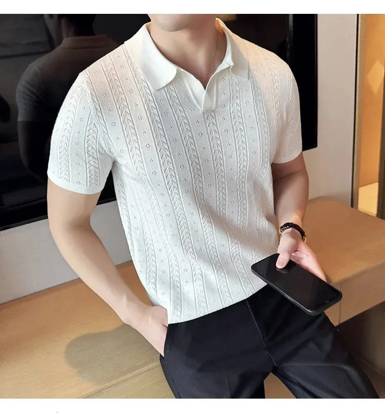 DHgate.com:Striped Jacquard Knit Polo Shirt: Mens V-Neck