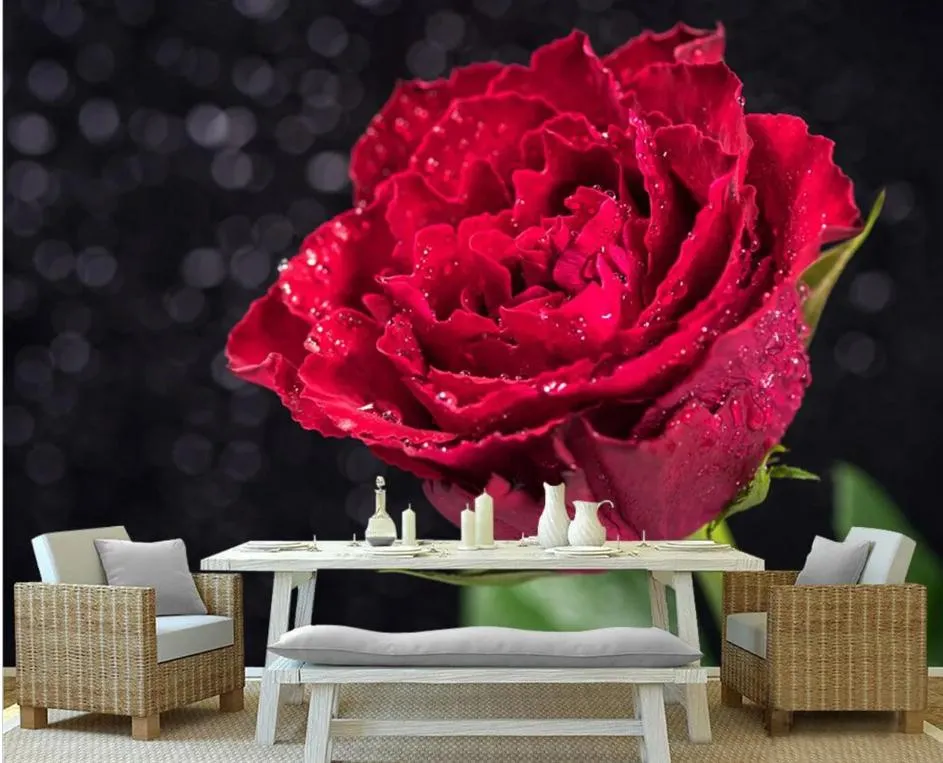Dream Red Rose Water Drop Mural Customizable Wallpaper Aesthetic 3d ...