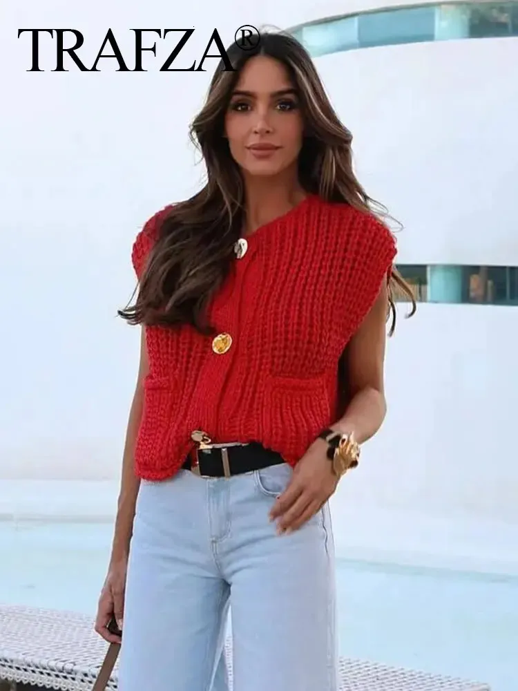 Red Cropped Knit Vest with Gold Buttons Elegant O Neck Cardigan, Spring  Y2K Fashion Shop Now!