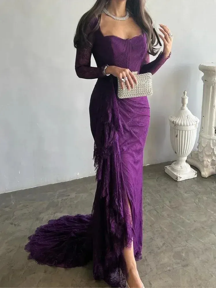 strapless open back dress Ever-Pretty Lace Bodice Long Flowy Evening Dress with Deep V Neck Occasion Dress