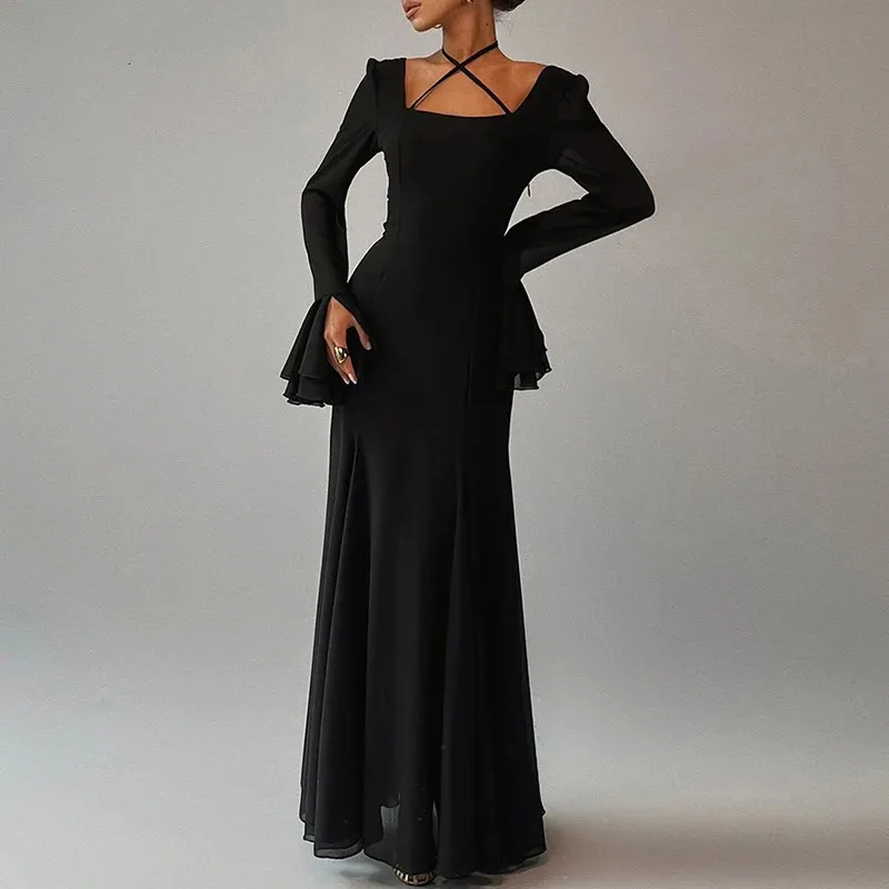 Elegant Lace-Up Evening Dress with Square Collar, Backless Design, Flare Sleeves, and Ruffle Detail for Women - Perfect for Spring and Autumn (240808)