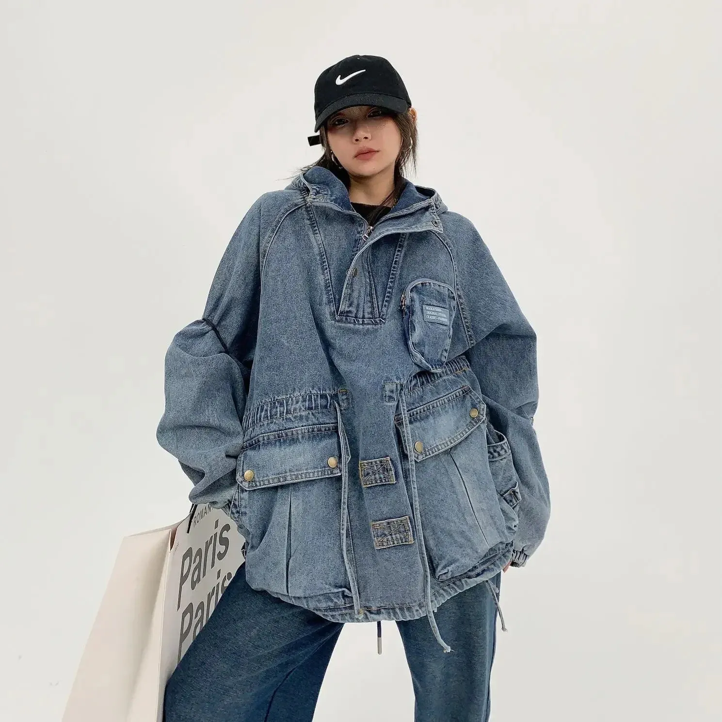 Oversized Denim Jacket With Hood And Cargo Pockets – From