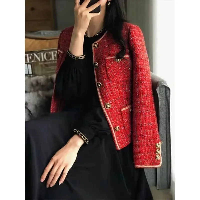 Red Tweed Jacket: Elegant Korean Style, Perfect for Autumn