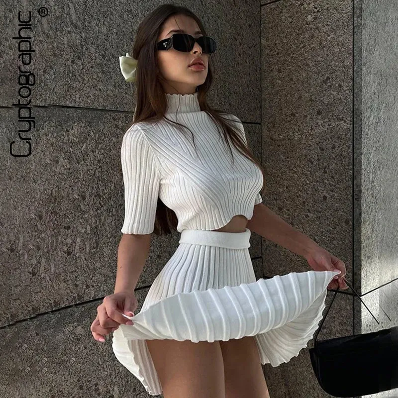 Sexy Two Piece Skirt Set: Womens Knitted Mini Skirt And Sweater