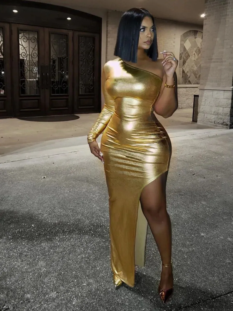 Gold One Shoulder Bodycon maxi dress with Thigh Slit and Gold One Shoulder Bodycon maxi dress with Thigh Slit and