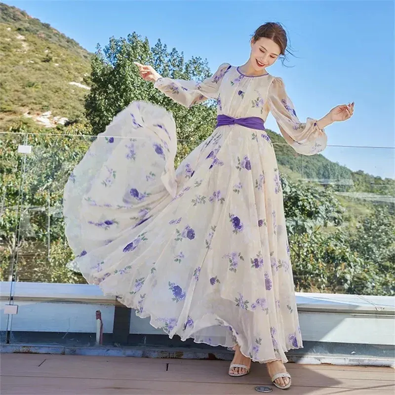 chinese dress ladies Chiffon Floral Pleated Long Sleeve Dress – Ballin's LTD main image 0