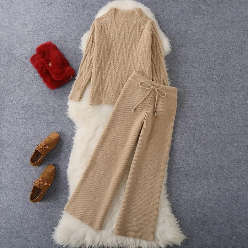 Womens Cozy Knit Tracksuit Set Warm Pullover Wide Leg Pants For