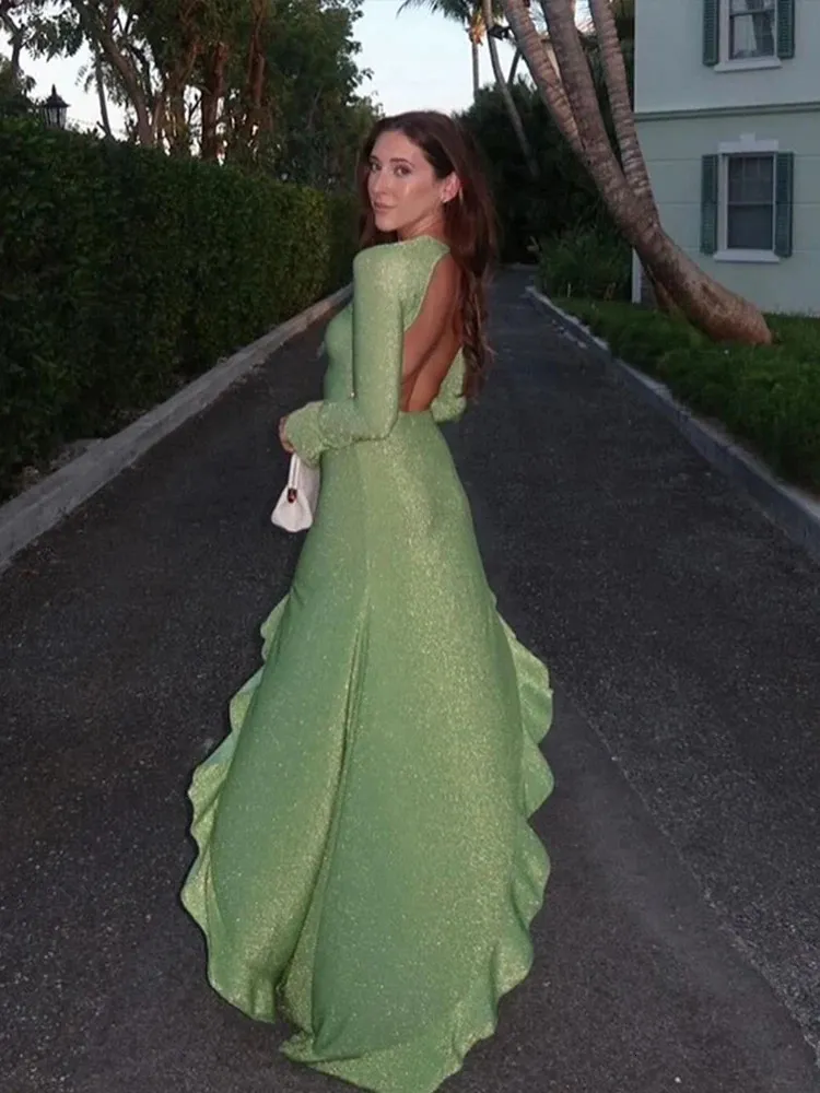 Summer Lady Robe: Sexy Knitted Backless Backless maxi dress with Irregular Ruffle, Flare Sleeves, and Hip Package Summer Lady Robe: Sexy Knitted Backless Backless maxi dress with Irregular Ruffle, Flare Sleeves, and Hip Package
