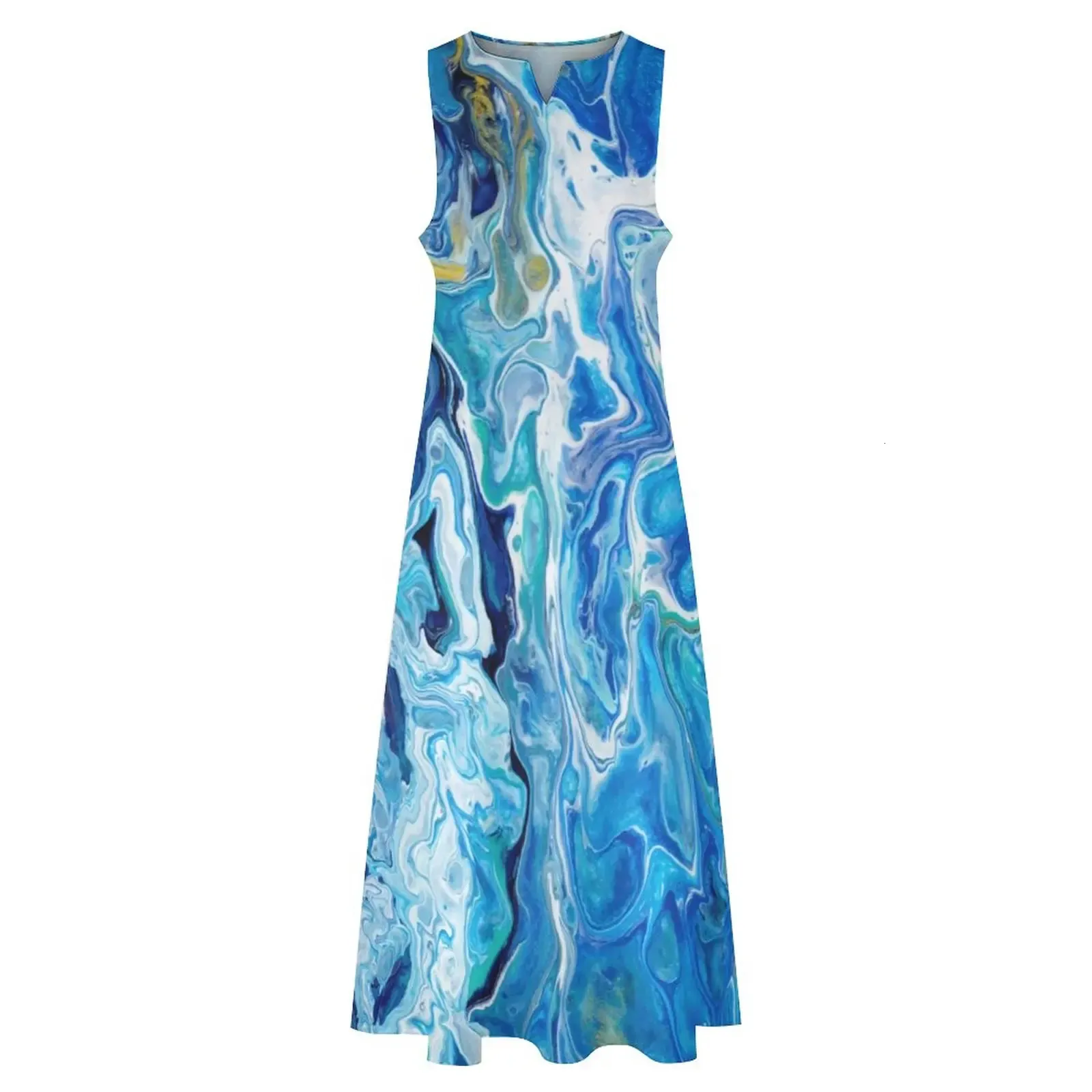 Modern Ocean Blue Marble Art Print maxi dress for Women - Street Fashion, Boho Beach, and Graphic - Available in 4XL and 5XL (240808)