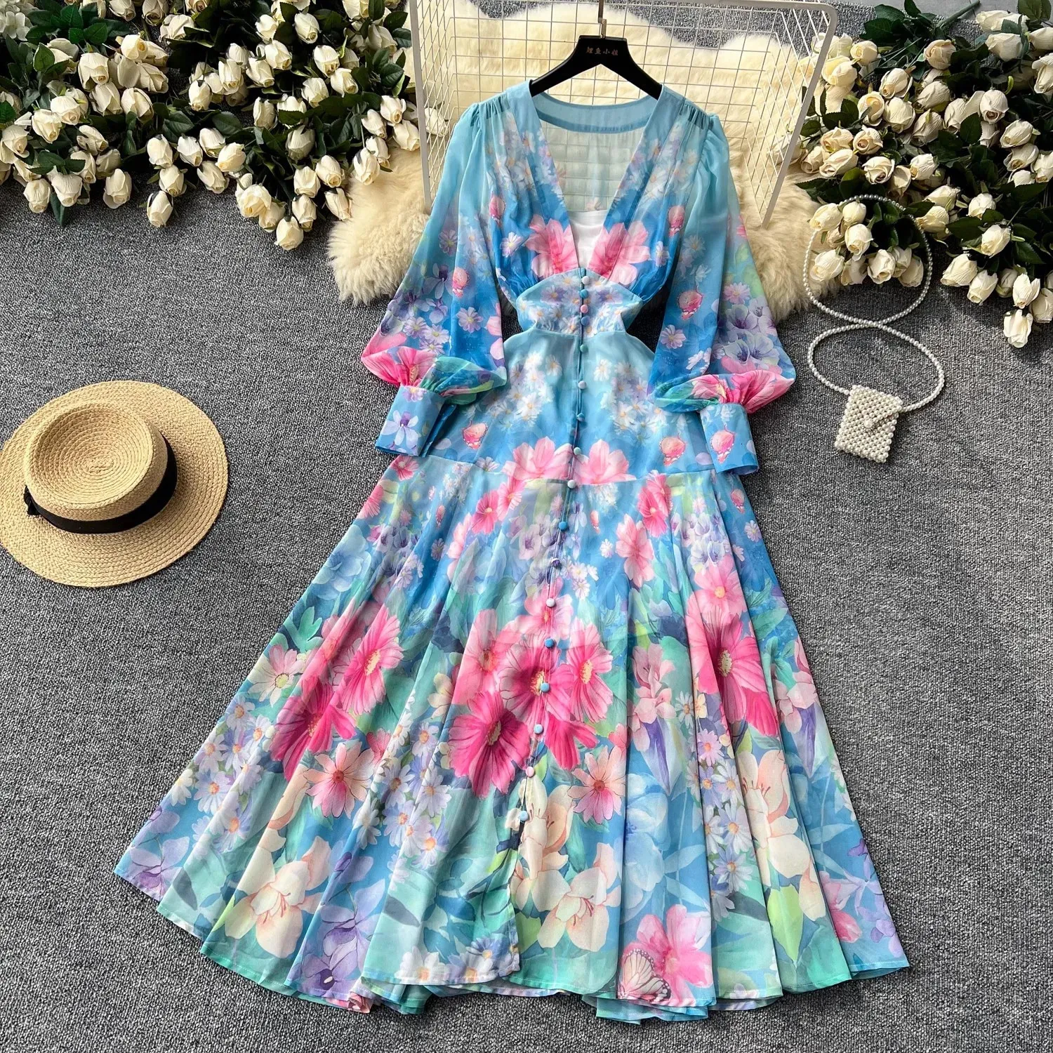 Floral Chiffon Dress Womens Floor-Length V Neck Short Sleeve Elastic Waist  Summer from Dhgate Basic & Casual Dresses - price 84.26