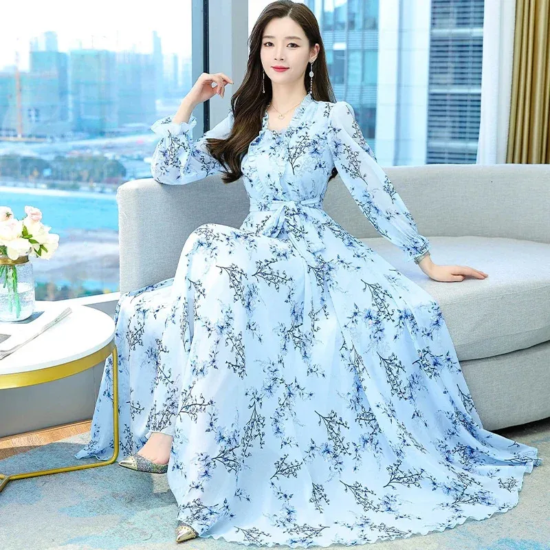 Long Sleeve Chiffon Dress Womens Floral Print Spring Maxi Dress