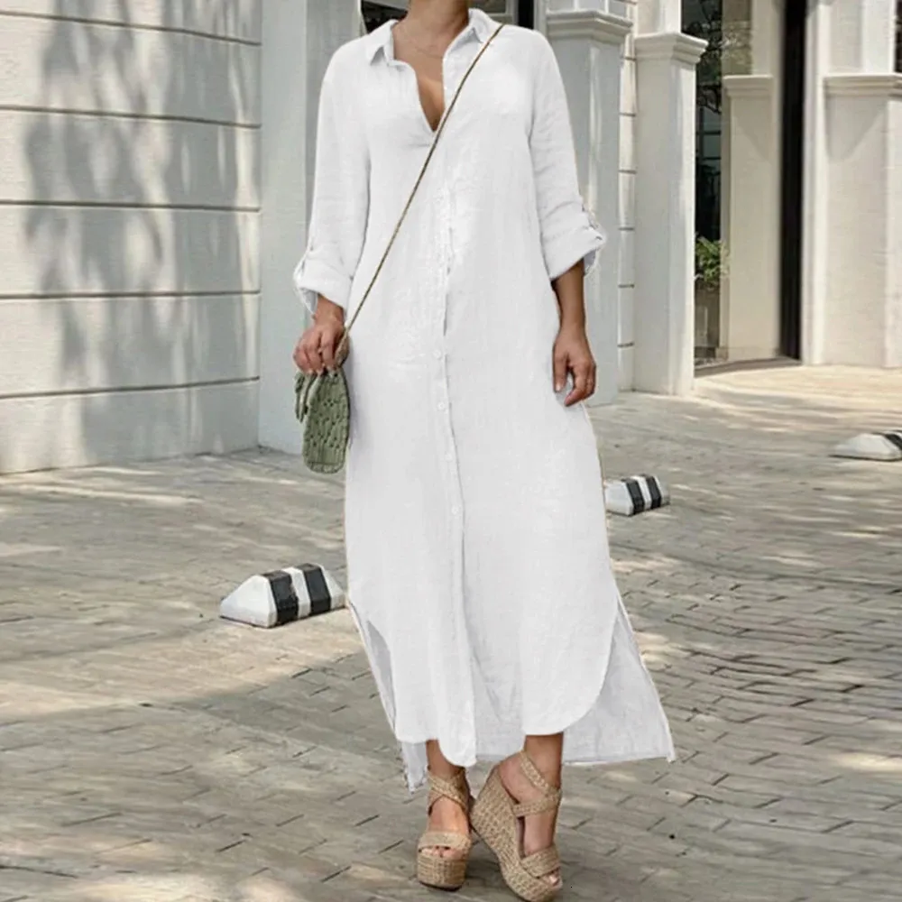 Long Sleeve Maxi White Linen Dress Plus Size Cotton Linen Dress