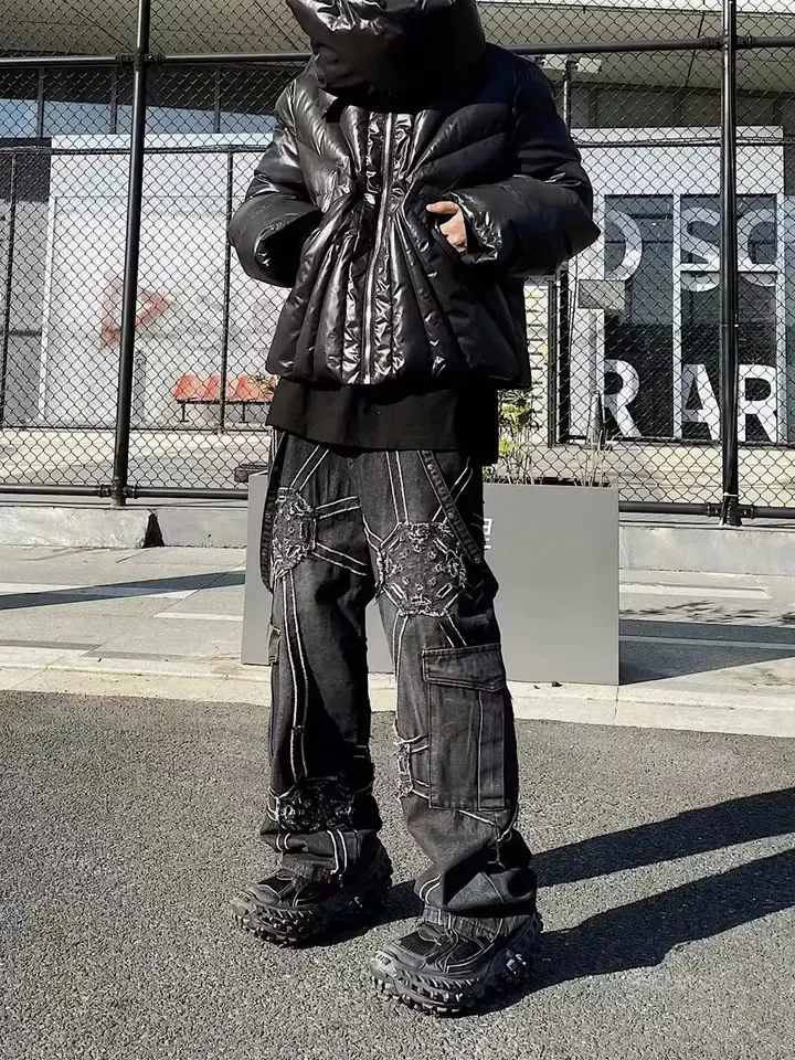 Spider Web Patch Jeans For Men Washed Loose Fit Straight Wide Leg