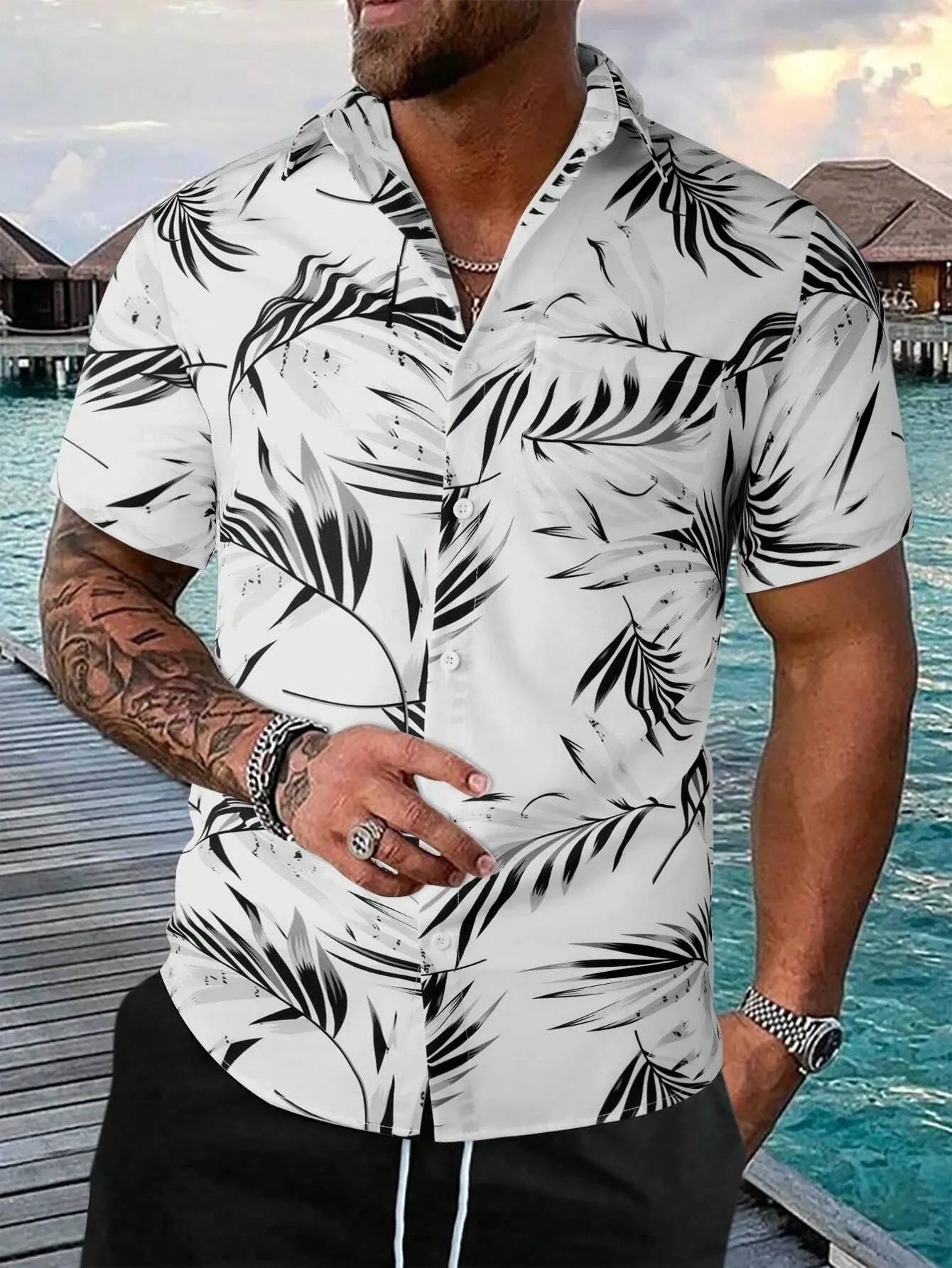 Hawaii Palm Print Shirt: Casual Short Sleeve Button Top