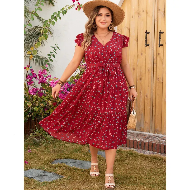 knee length dresses for ladies Ulla Popken Red Linen Dress | Plus Size Dresses main image 0
