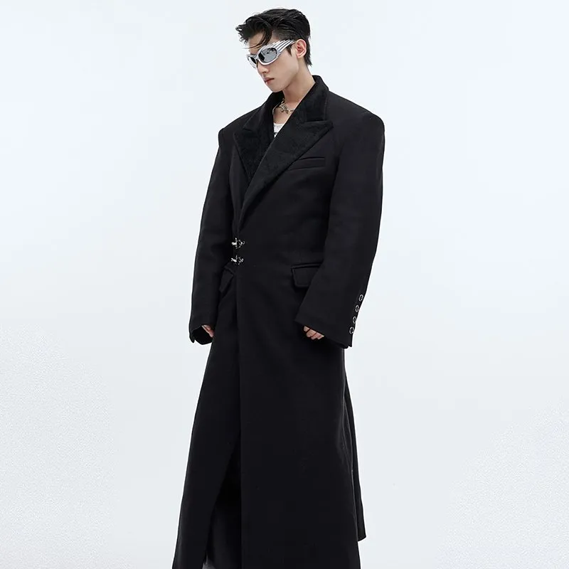 Mens 100% Wool Single-Breasted Knee-Length Coat Gray Patchwork