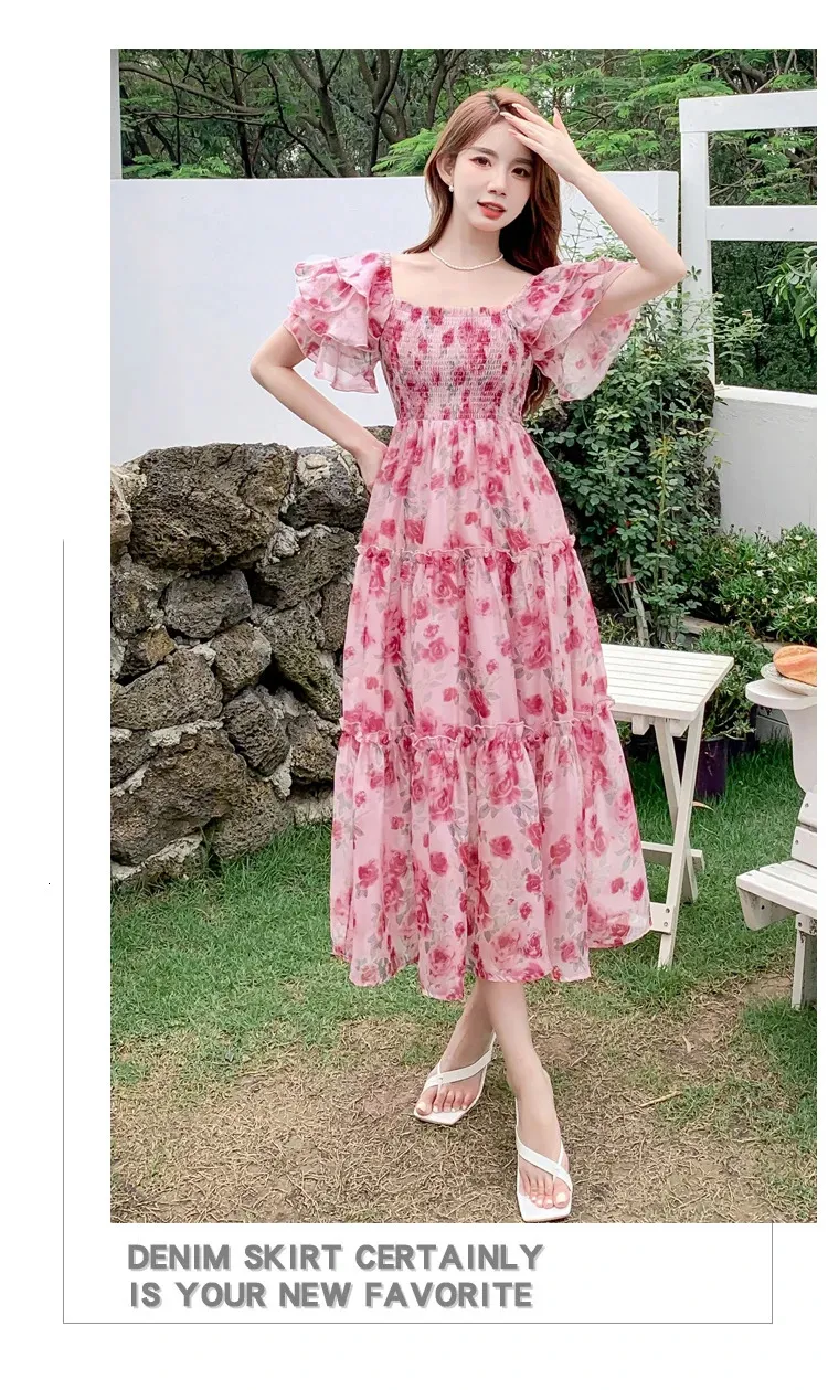 French Style Butterfly Print Pleated Long white dress with French Style Butterfly Print Pleated Long white dress with