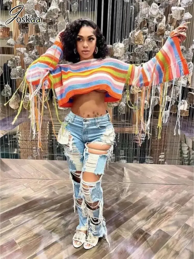 Save Big on Bulk Loose Knit Pullover Sweater Joskaa Rainbow Fringe Loose  Knit Pullover Sweater Holiday Style Long Sleeve O Neck Y2K Streetwear  Best