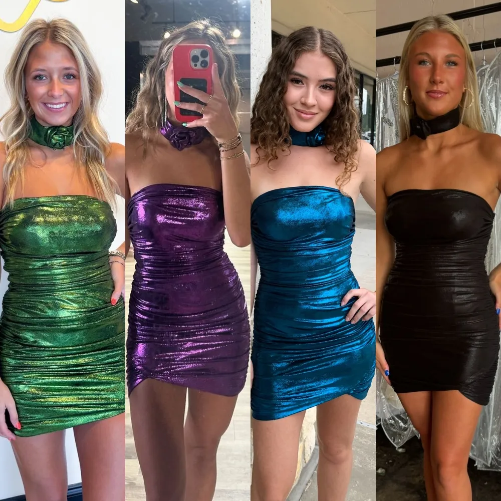 Strapless Metallic Cocktail Dress - Rosette Choker, Ruched Tight Fit, Short  Semi-Formal Gown for Party, Gala, Homecoming, Graduation, Sweet 16, Bat ...