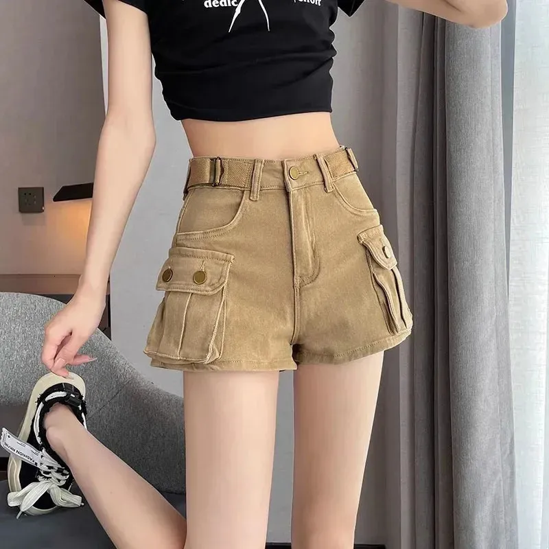 2024 High Waist Denim Shorts for Women Korean Big Pockets Cargo Jean Short A Line Wide Leg Streetwear Shorts