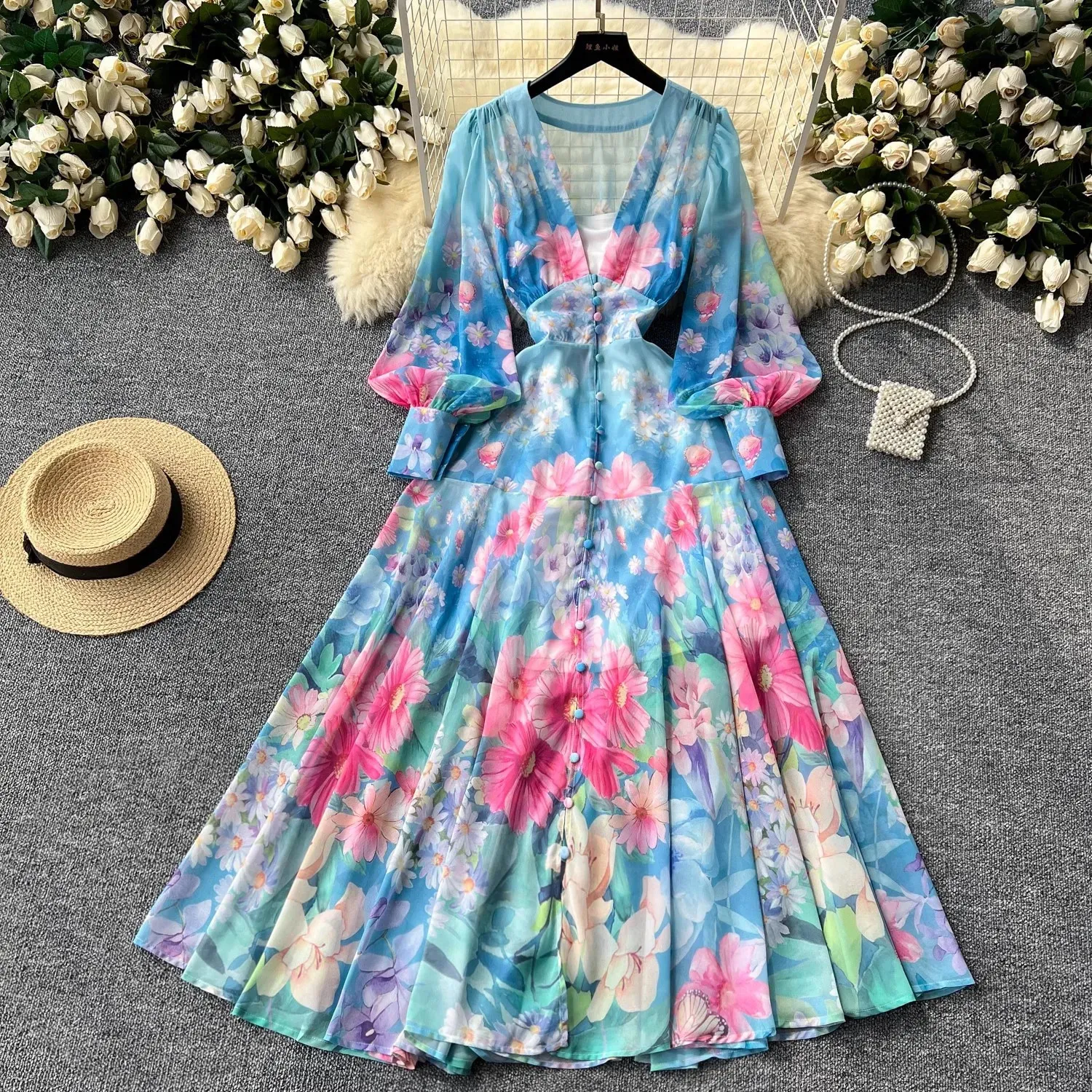 特価品セ dress white Chiffon Print Floral with and Sleeves Lantern ワンピース