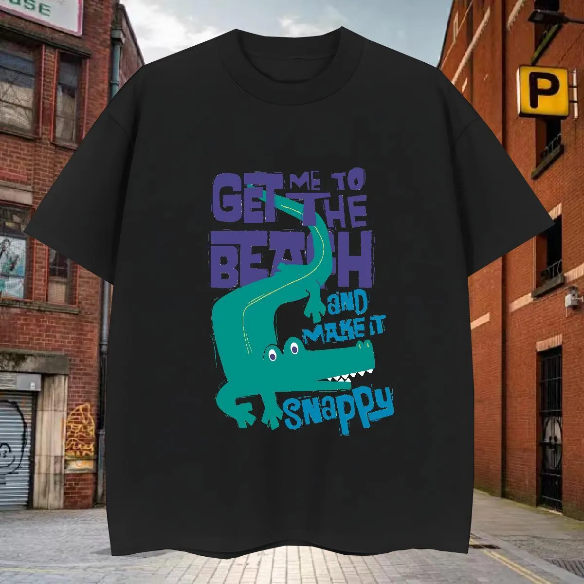 Atmungsaktives Baumwoll Übergroße Krokodildesign Herren Schwarzes