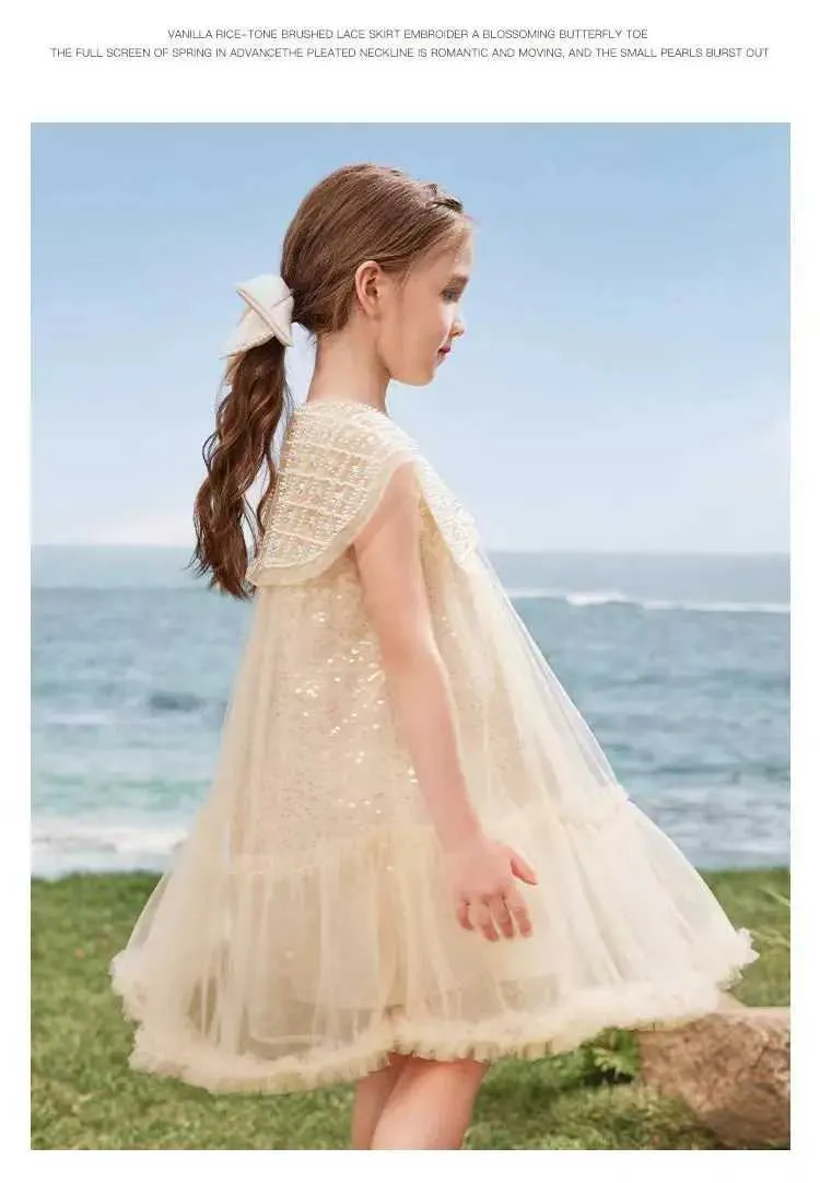 Girls Summer Light Luxury Mesh Tutu Dress with Pearl Neck and